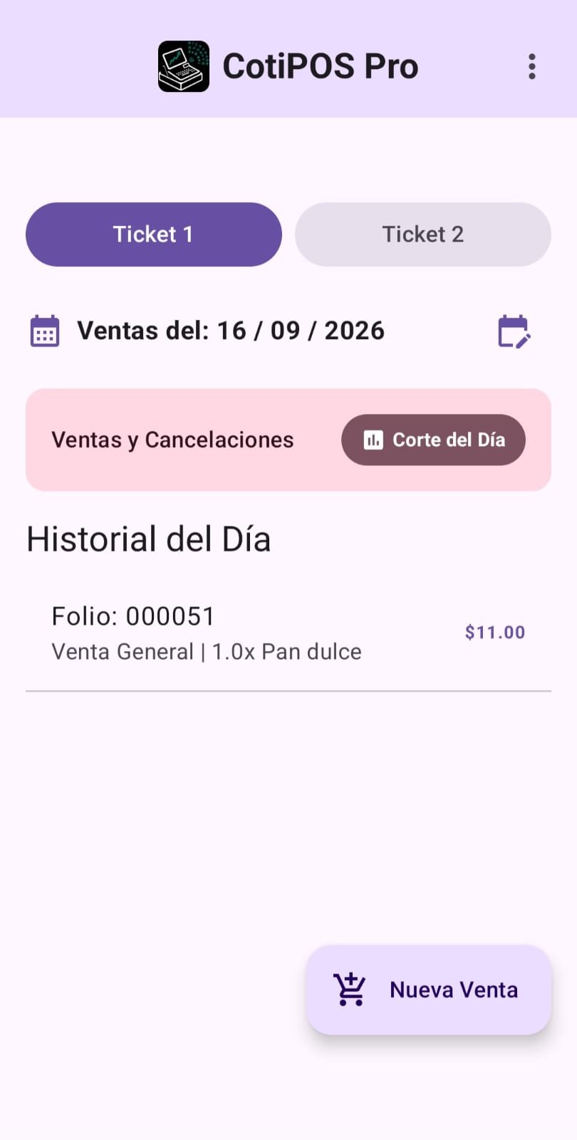 Interfaz de Historial del día de CotiPOS PRO