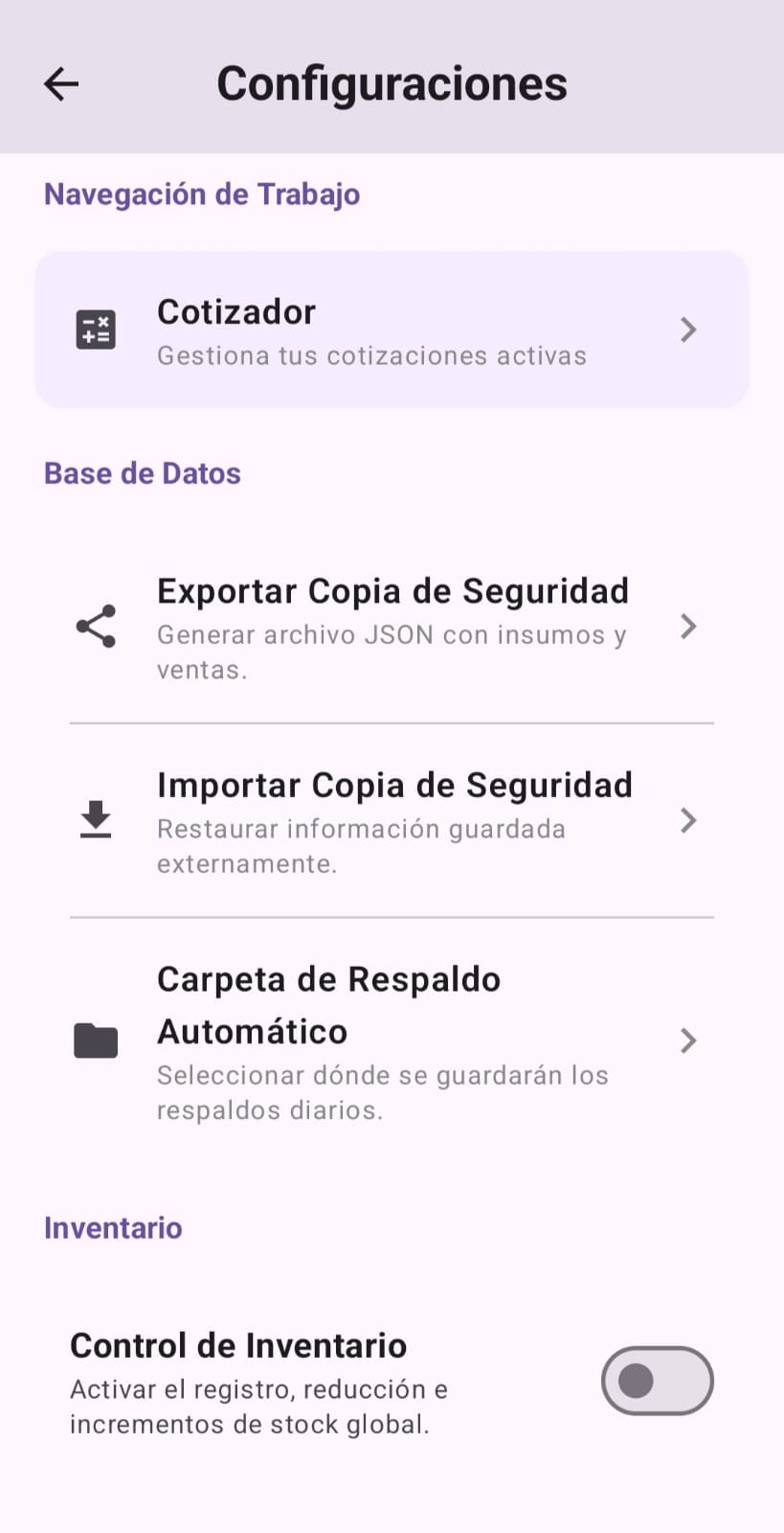 Interfaz de Configuraciones de CotiPOS PRO
